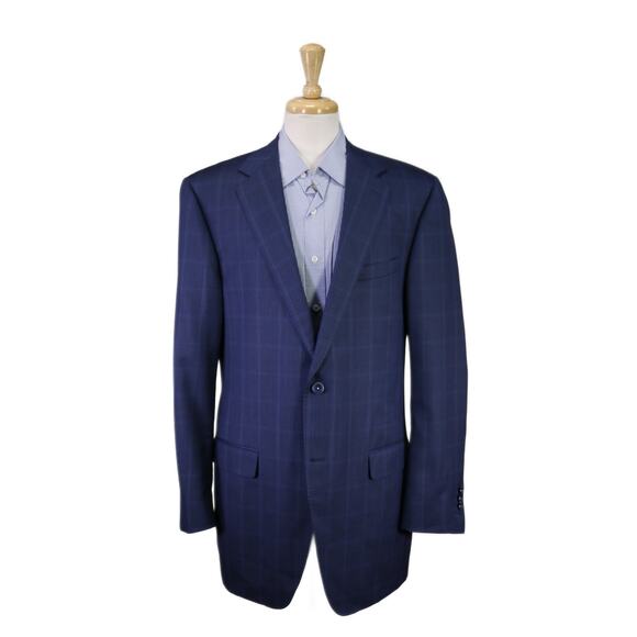 J Lancaster Custom Tailored Blue Windowpane 2-Btn Wool Sportcoat Blazer 42L - Picture 1 of 11